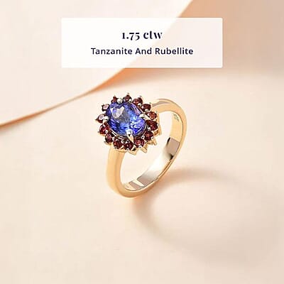 Luxoro Premium Tanzanite and Ofiki Rubellite 1.75 ctw Patriotic Pride Ring in 10K Yellow Gold (Size 10.0)