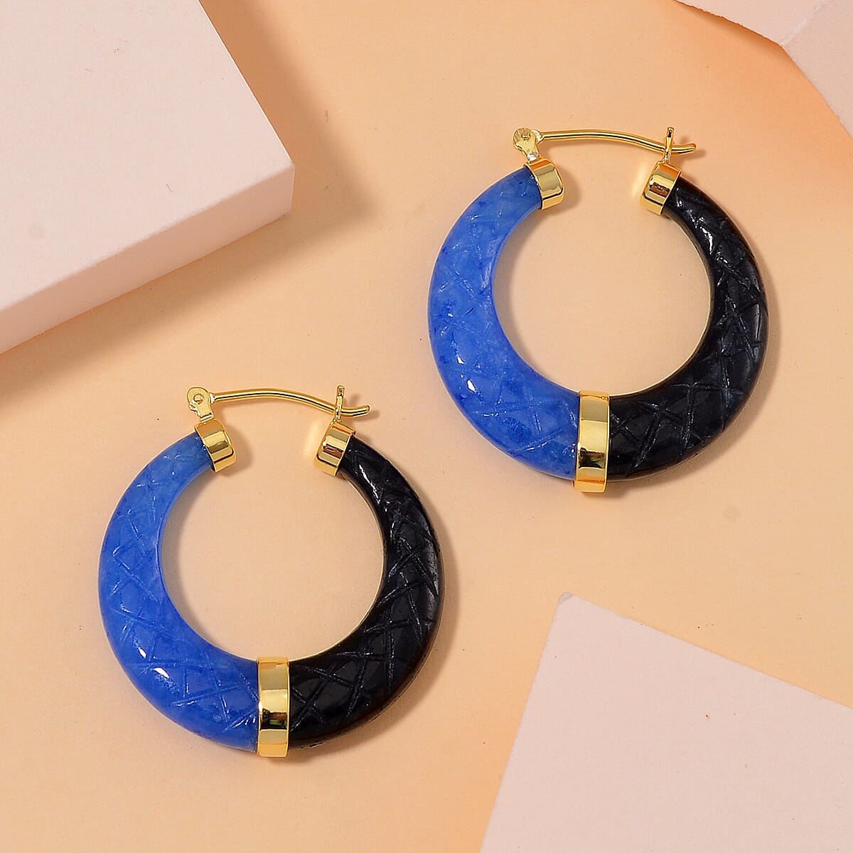Blue and Black Jade (D) 104.00 ctw Hoop Earrings in Vermeil Yellow Gold Over Sterling Silver image number 1