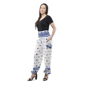 Tamsy White and Blue Mandala Smocked Waist Harem Pant with 2 Pockets - One Size Fits Most
