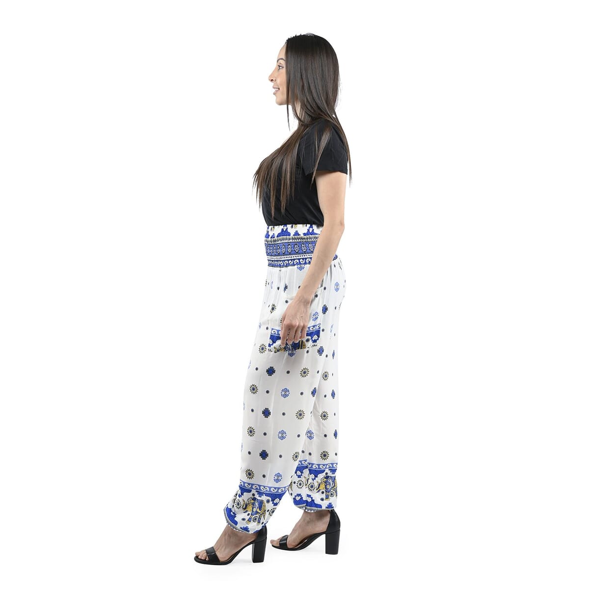 Tamsy White and Blue Mandala Smocked Waist Harem Pant with 2 Pockets - One Size Fits Most image number 2