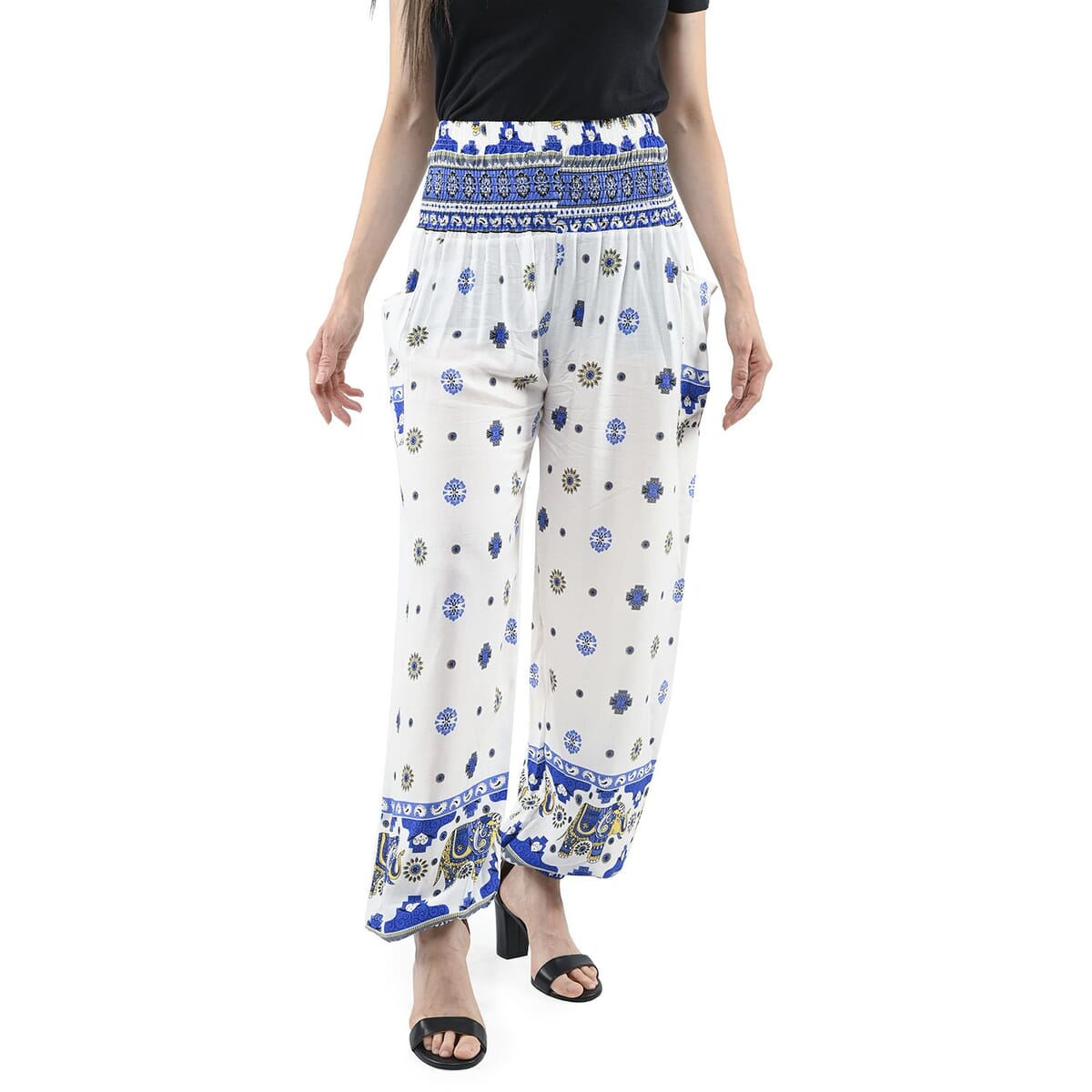 Tamsy White and Blue Mandala Smocked Waist Harem Pant with 2 Pockets - One Size Fits Most image number 3