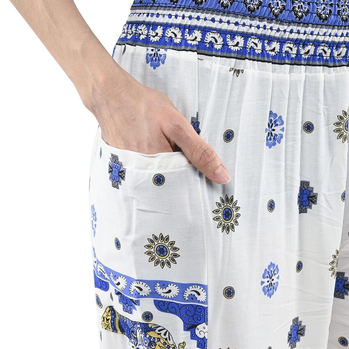 Tamsy White and Blue Mandala Smocked Waist Harem Pant with 2 Pockets - One Size Fits Most image number 4