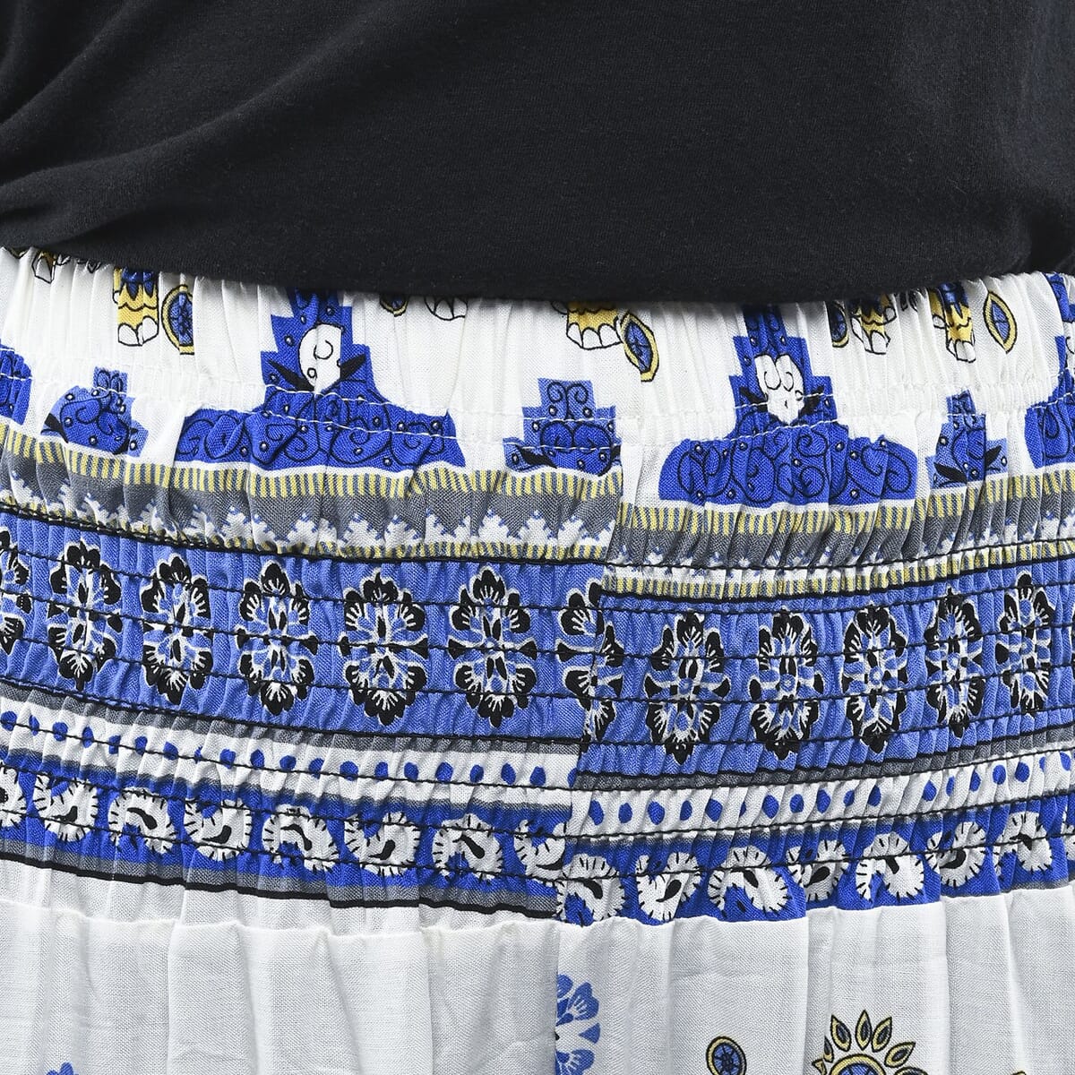 Tamsy White and Blue Mandala Smocked Waist Harem Pant with 2 Pockets - One Size Fits Most image number 5