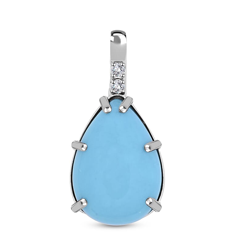 Certified & Appraised Luxoro 10K White Gold AAA Sleeping Beauty Turquoise and I2 Diamond Pendant without Chain 4.45 ctw