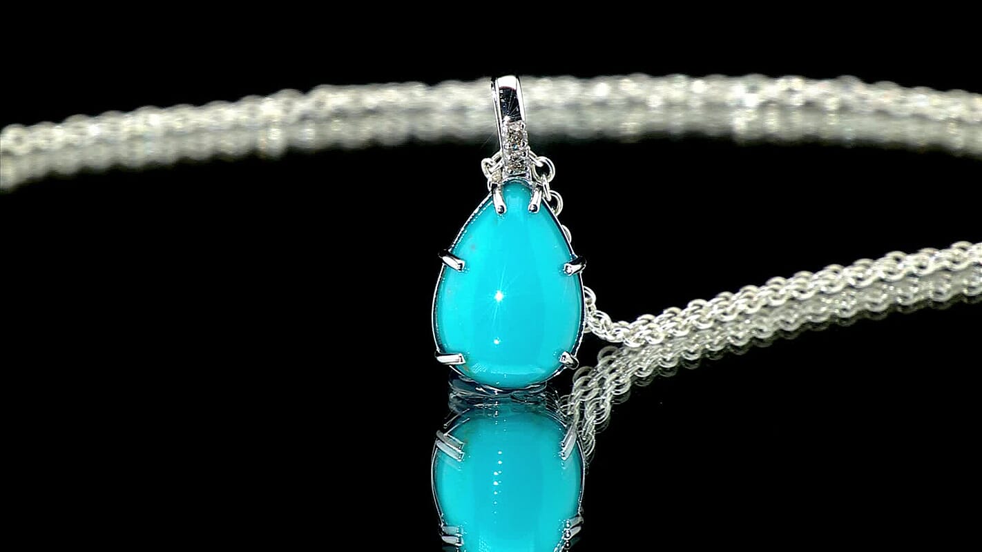 Certified & Appraised Luxoro 10K White Gold AAA Sleeping Beauty Turquoise and I2 Diamond Pendant without Chain 4.45 ctw