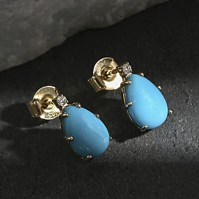 Certified & Appraised Luxoro AAA Sleeping Beauty Turquoise and I2 Diamond 2.65 ctw Earrings in 10K Yellow Gold