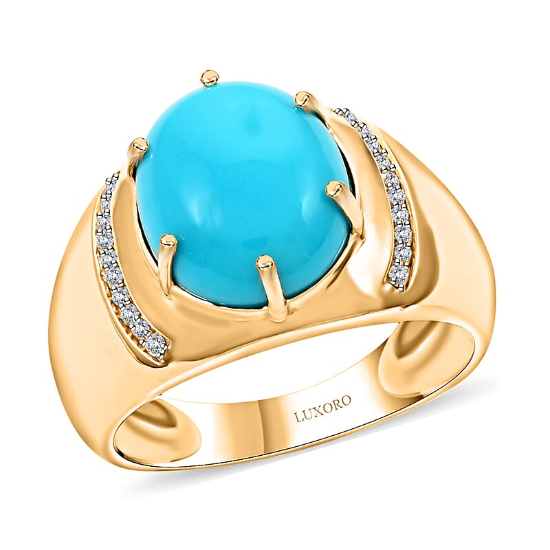 Certified & Appraised Luxoro 10K Yellow Gold AAA Sleeping Beauty Turquoise and I2 Diamond Men's Ring (Size 10.0) 4.73 Grams 4.45 ctw