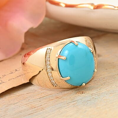 Certified & Appraised Luxoro 10K Yellow Gold AAA Sleeping Beauty Turquoise and I2 Diamond Men's Ring (Size 10.0) 4.73 Grams 4.45 ctw