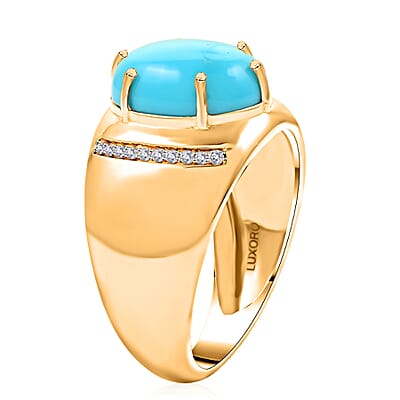 Certified & Appraised Luxoro 10K Yellow Gold AAA Sleeping Beauty Turquoise and I2 Diamond Men's Ring (Size 10.0) 4.73 Grams 4.45 ctw