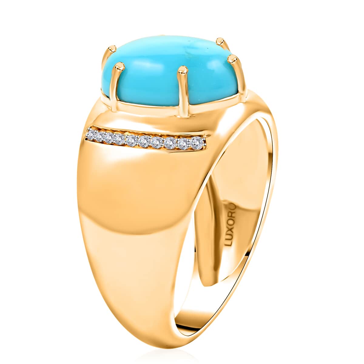 Certified & Appraised Luxoro 10K Yellow Gold AAA Sleeping Beauty Turquoise and I2 Diamond Men's Ring (Size 8.0) 4.73 Grams 4.45 ctw image number 3