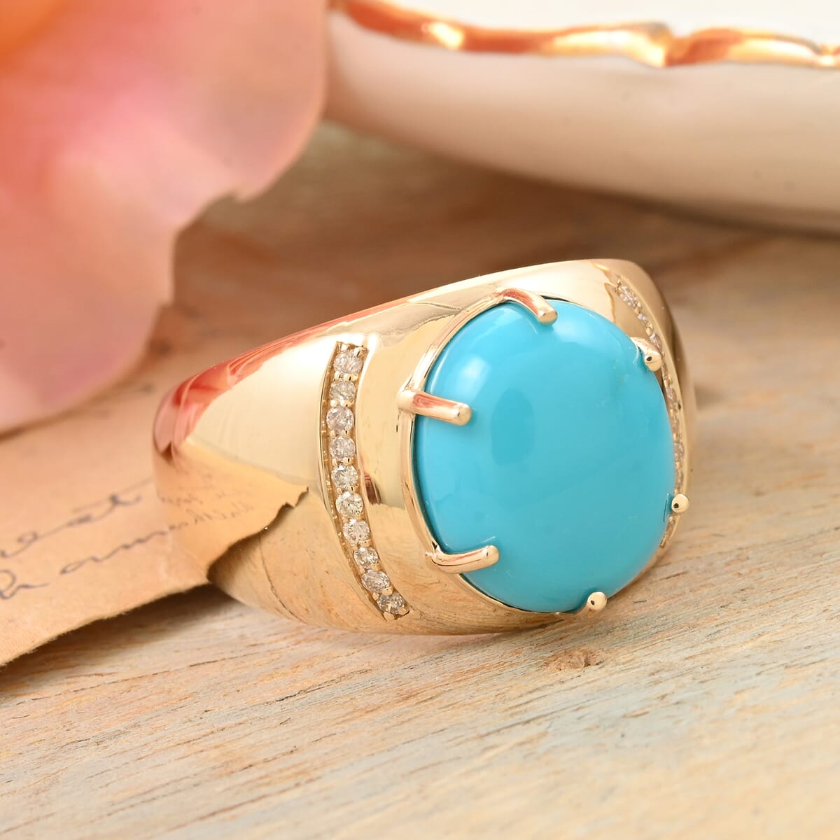 Certified & Appraised Luxoro 10K Yellow Gold AAA Sleeping Beauty Turquoise and I2 Diamond Men's Ring (Size 9.0) 4.73 Grams 4.45 ctw image number 1
