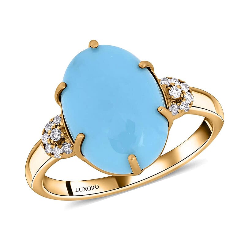 Certified & Appraised Luxoro AAA Sleeping Beauty Turquoise and I2 Diamond 5.00 ctw Ring in 10K Yellow Gold (Size 11.0)