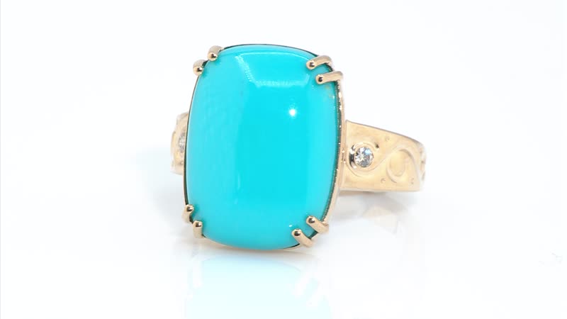 Certified & Appraised Luxoro 10K Yellow Gold AAA Sleeping Beauty Turquoise, Diamond (I2) Ring (Size 10.0) 7.20 ctw