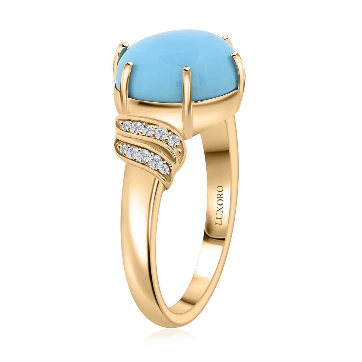 Certified & Appraised Luxoro AAA Sleeping Beauty Turquoise and I2 Diamond 4.50 ctw Ring in 10K Yellow Gold (Size 5.5) 4.10 Grams image number 3