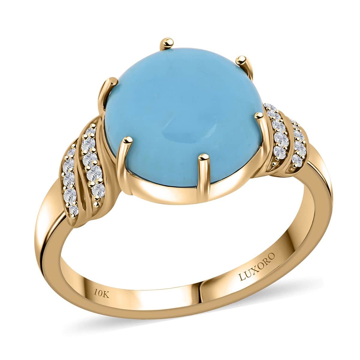 Certified & Appraised Luxoro AAA Sleeping Beauty Turquoise and I2 Diamond 4.50 ctw Ring in 10K Yellow Gold (Size 6.0) 4.10 Grams image number 0