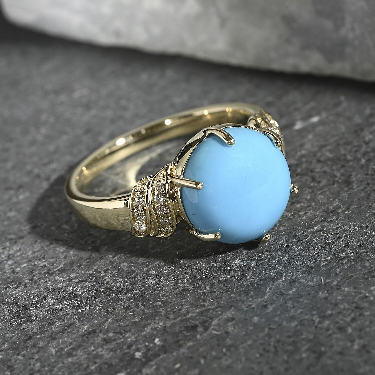 Certified & Appraised Luxoro 10K Yellow Gold AAA Sleeping Beauty Turquoise, Diamond (I2) Ring (Size 10.0) (4.11 g) 4.50 ctw