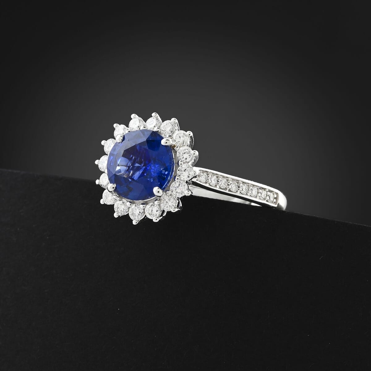 Certified & Appraised Rhapsody 950 Platinum AAAA Ceylon Blue Sapphire, Diamond (E-F, VS) (0.44 cts) Ring (Size 10.0) (5.66 g) 2.50 ctw image number 1
