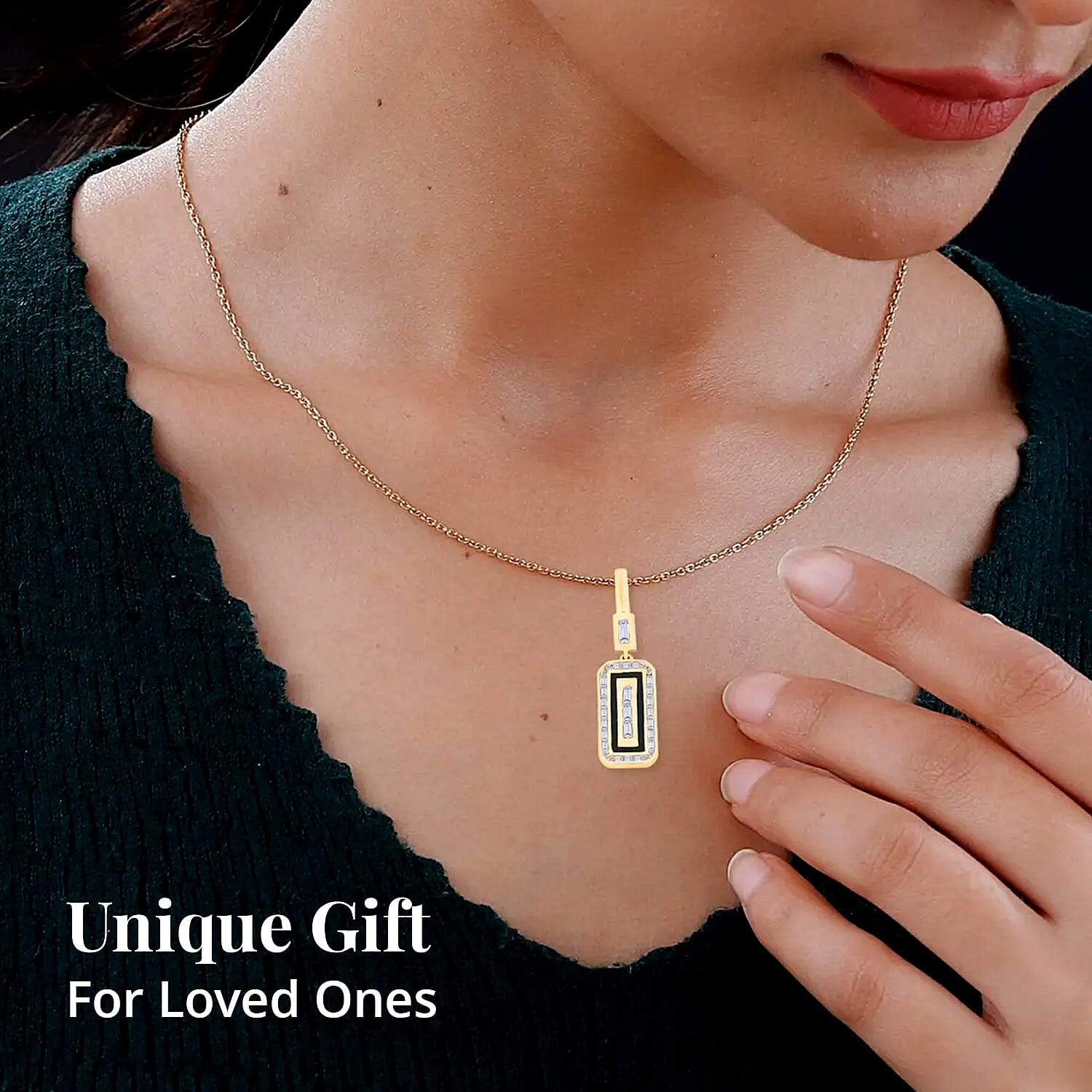 Clarte Black Tie Collection Moissanite and Black Enameled Pendant Necklace 18 Inches in Vermeil Yellow Gold Over Sterling Silver 0.40 ctw