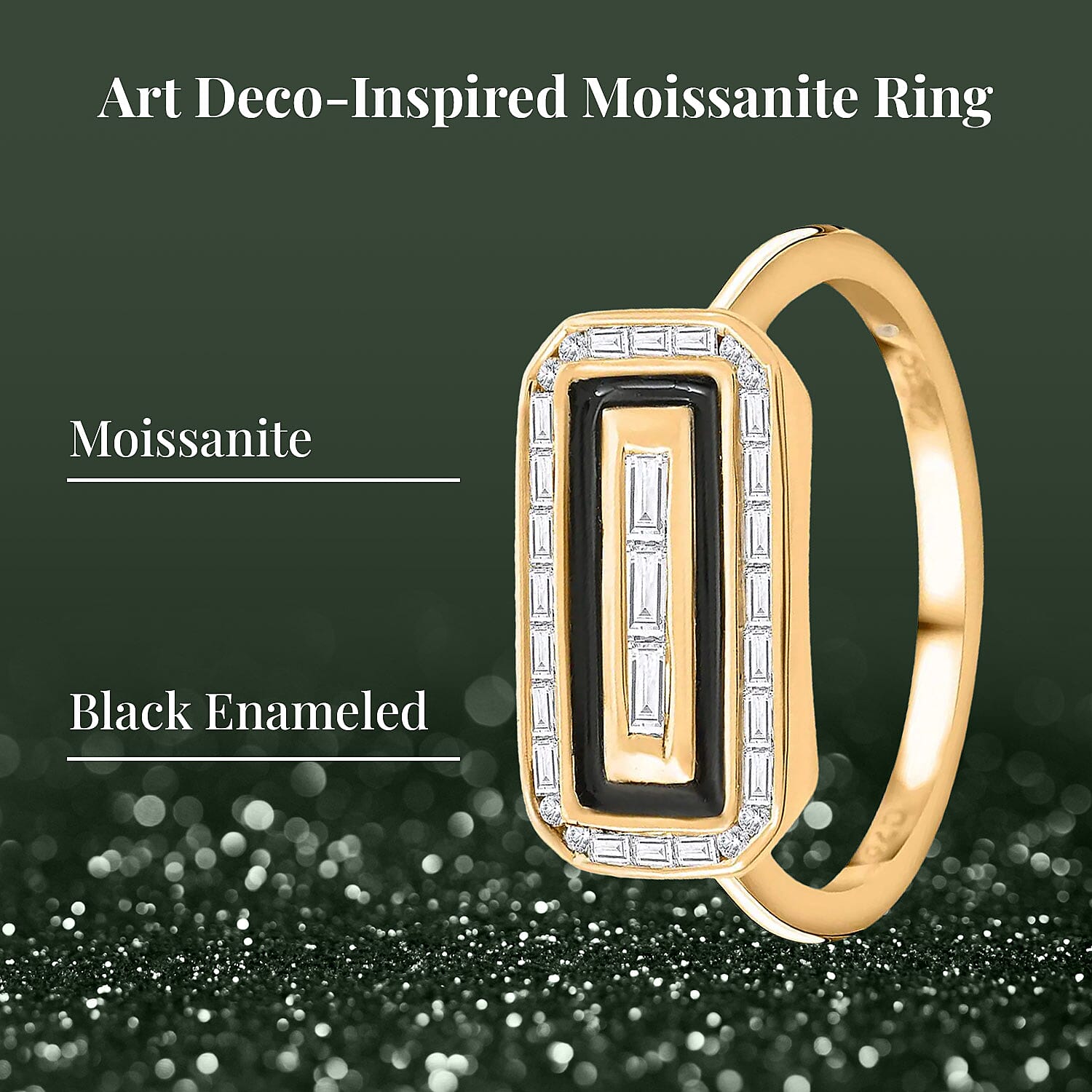 Clarte Black Tie Collection Moissanite and Black Enameled Ring in Vermeil Yellow Gold Over Sterling Silver (Size 10.0) 0.35 ctw