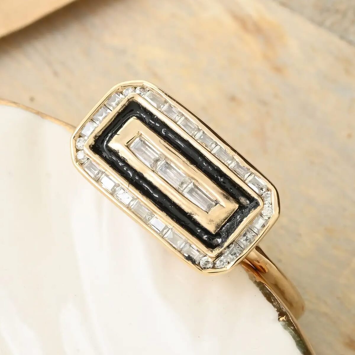 Clarte Black Tie Collection Moissanite and Black Enameled Ring in Vermeil Yellow Gold Over Sterling Silver (Size 6.0) 0.35 ctw image number 1