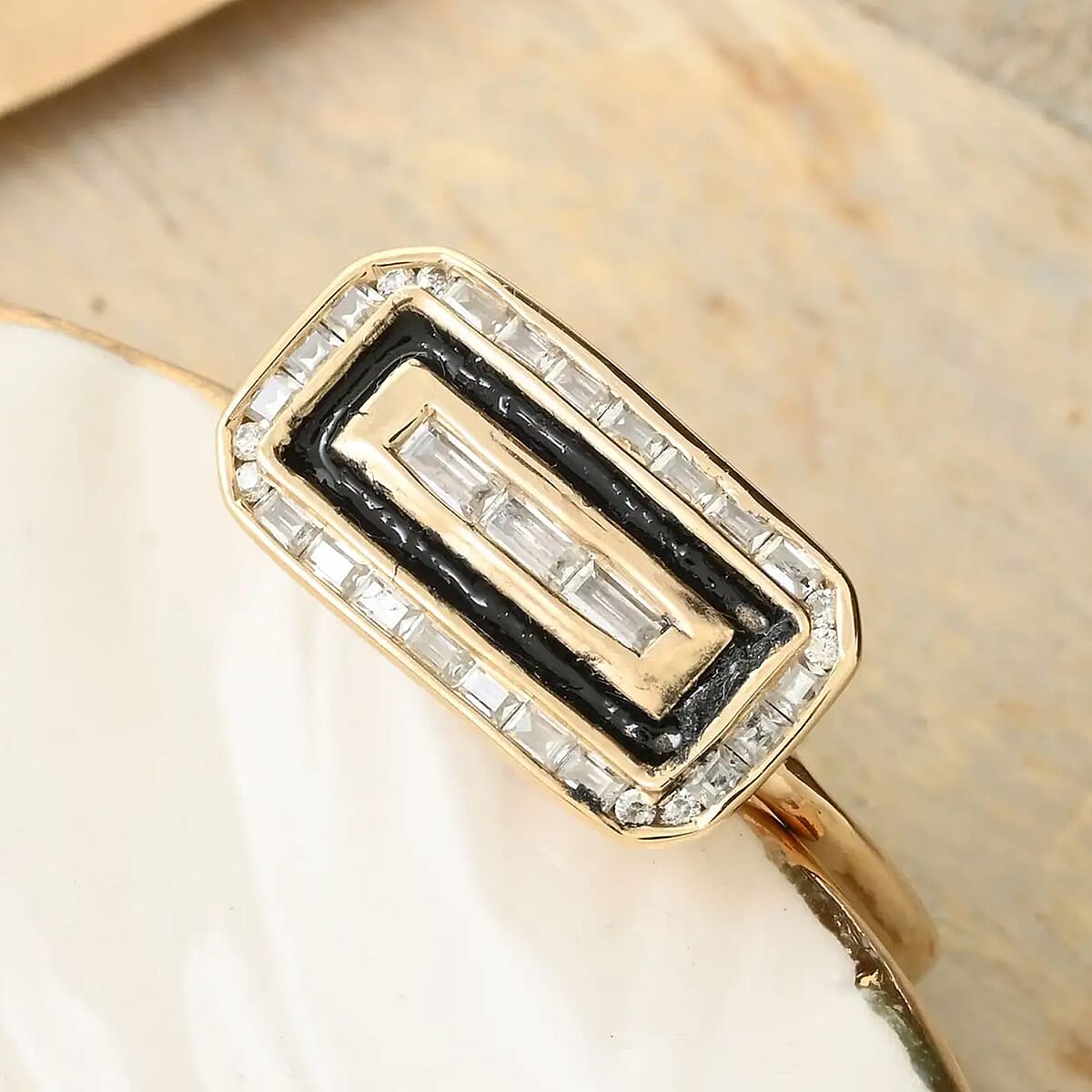 Clarte Black Tie Collection Moissanite and Black Enameled Ring in Vermeil Yellow Gold Over Sterling Silver (Size 7.0) 0.35 ctw image number 1