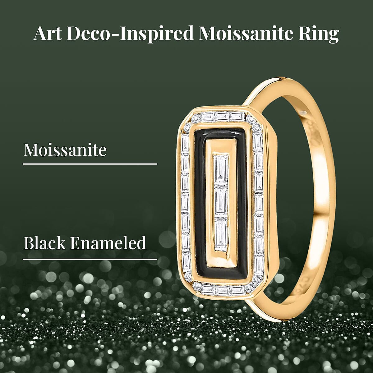 Clarte Black Tie Collection Moissanite and Black Enameled Ring in Vermeil Yellow Gold Over Sterling Silver (Size 7.0) 0.35 ctw image number 2