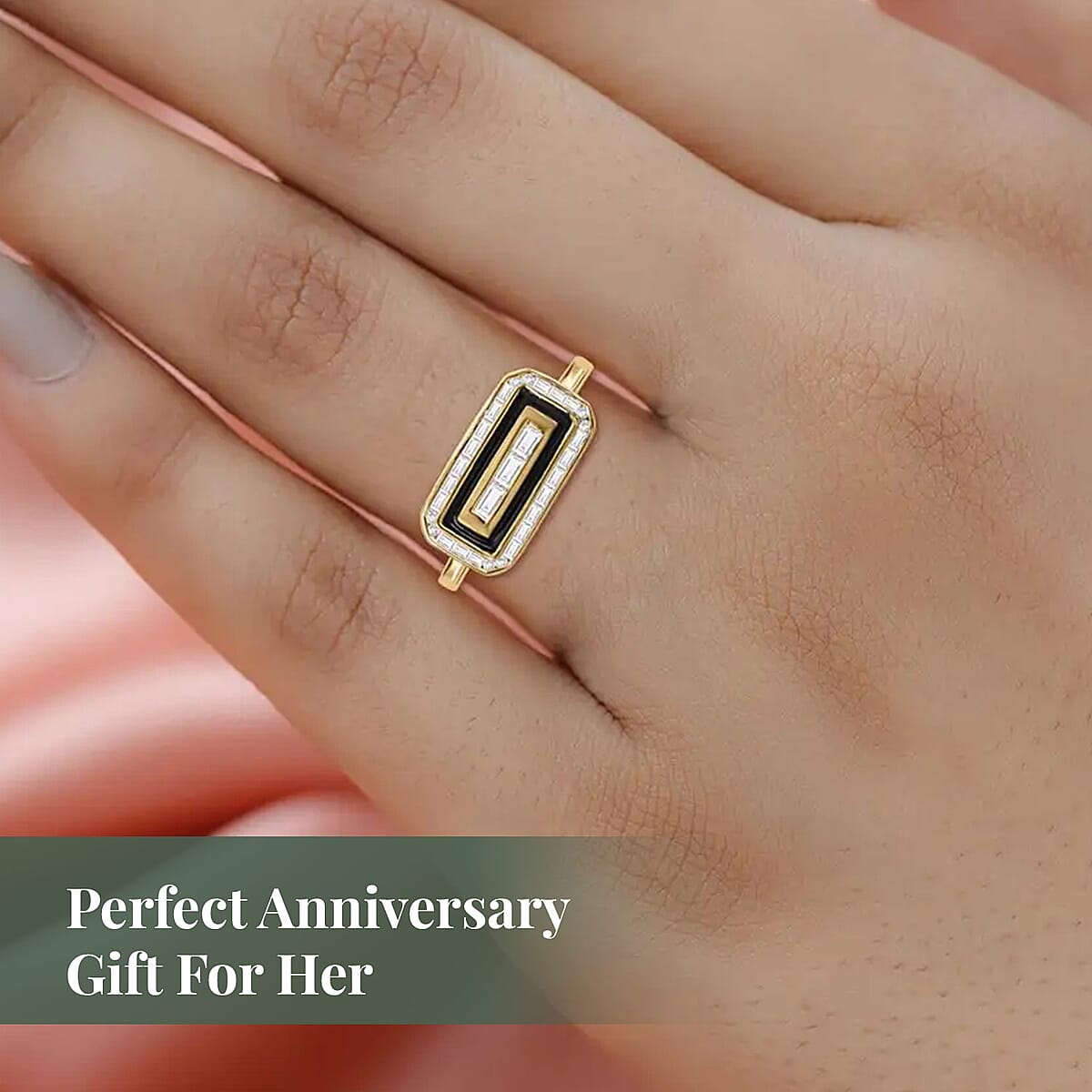 Clarte Black Tie Collection Moissanite and Black Enameled Ring in Vermeil Yellow Gold Over Sterling Silver (Size 7.0) 0.35 ctw image number 4