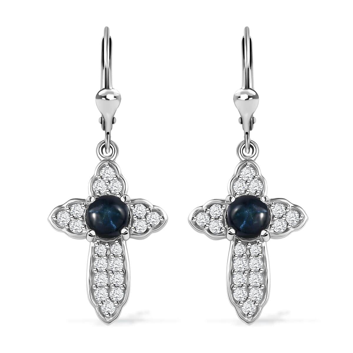 Blue Star Sapphire (DF) and White Zircon Cross Earrings in Platinum Over Sterling Silver 4.00 ctw image number 0