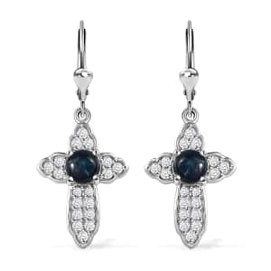 Blue Star Sapphire (DF) and White Zircon Cross Earrings in Platinum Over Sterling Silver 4.00 ctw