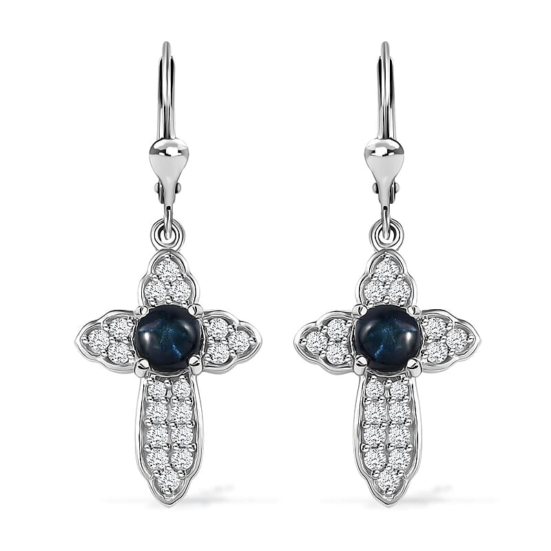 D'Joy Blue Star Sapphire (DF) and White Zircon Cross Earrings in Platinum Over Sterling Silver 4.00 ctw