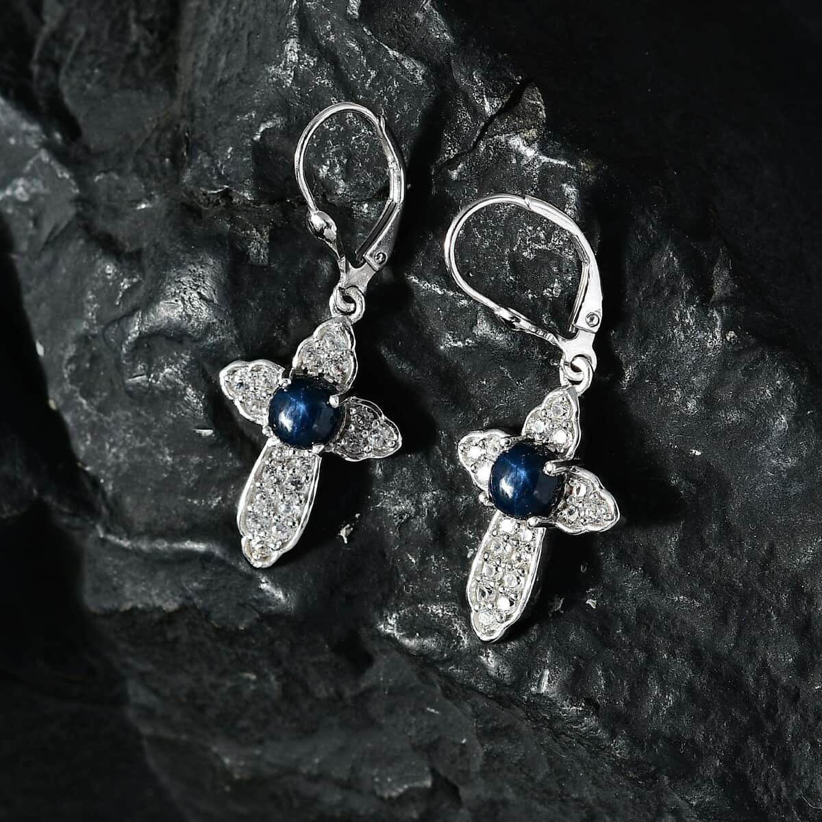 Blue Star Sapphire (DF) and White Zircon Cross Earrings in Platinum Over Sterling Silver 4.00 ctw image number 1