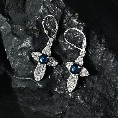 D'Joy Blue Star Sapphire (DF) and White Zircon Cross Earrings in Platinum Over Sterling Silver 4.00 ctw