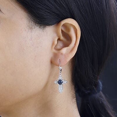 D'Joy Blue Star Sapphire (DF) and White Zircon Cross Earrings in Platinum Over Sterling Silver 4.00 ctw
