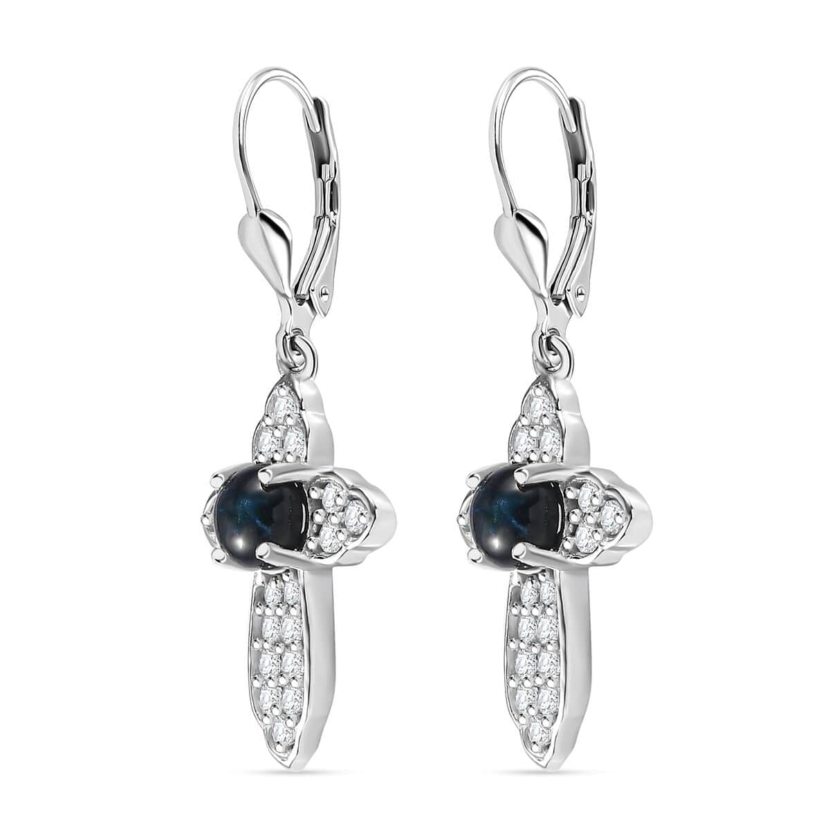 Blue Star Sapphire (DF) and White Zircon Cross Earrings in Platinum Over Sterling Silver 4.00 ctw image number 3