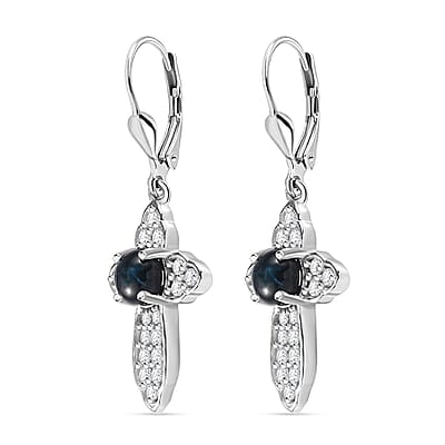 D'Joy Blue Star Sapphire (DF) and White Zircon Cross Earrings in Platinum Over Sterling Silver 4.00 ctw