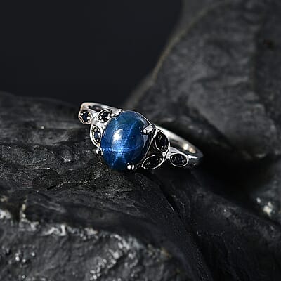 Blue Star Sapphire (DF) and Blue Sapphire Ring in Platinum Over Sterling Silver (Size 10.0) 3.35 ctw