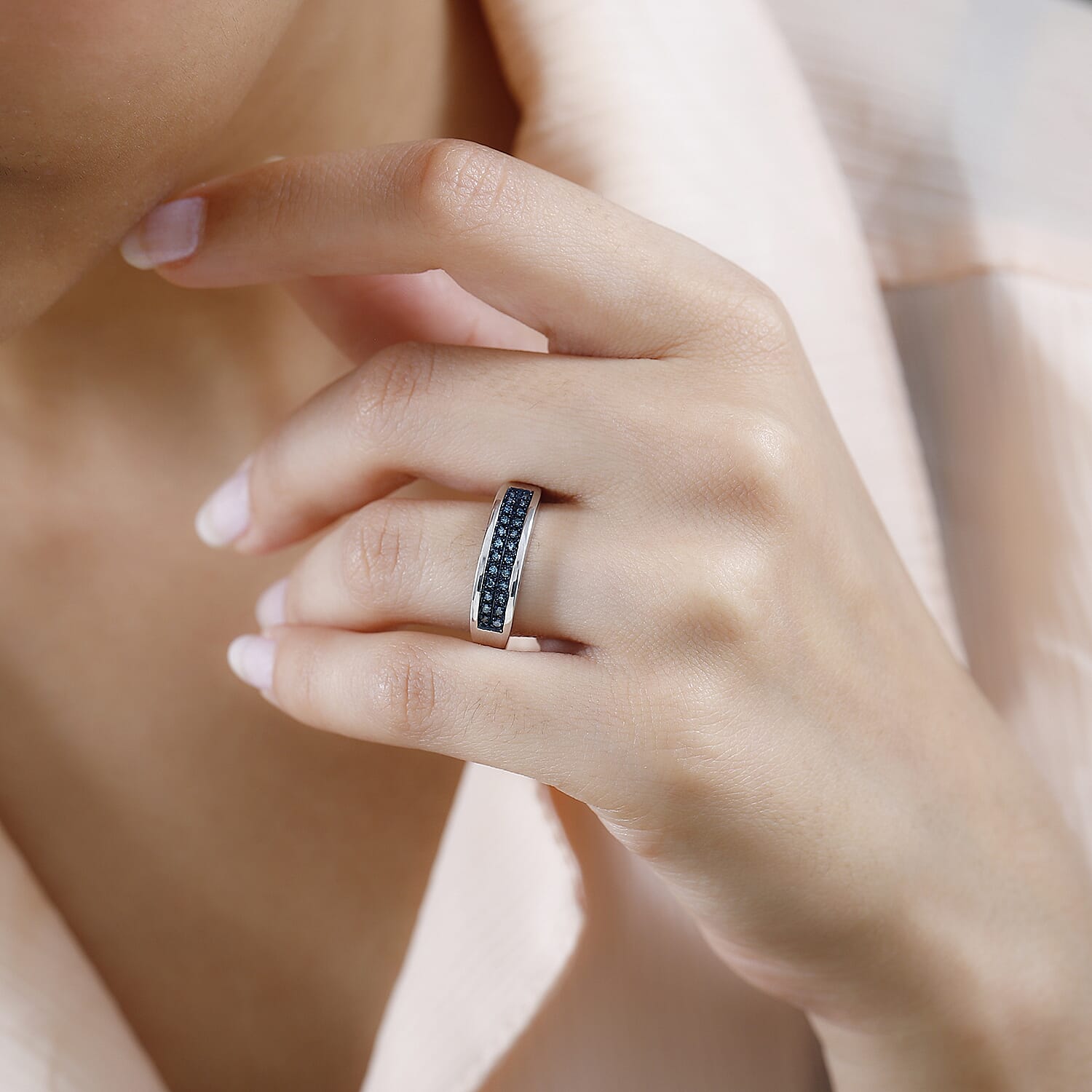  Blue Diamond Band Ring in Platinum Over Sterling Silver (Size 10.0) 0.20 ctw