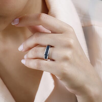  Blue Diamond Band Ring in Platinum Over Sterling Silver (Size 10.0) 0.20 ctw