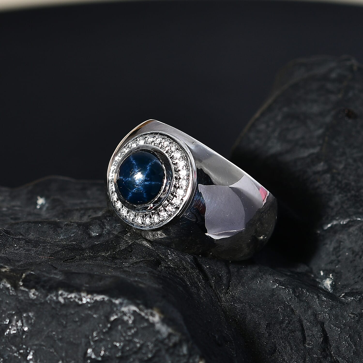 Blue Star Sapphire (DF) and Moissanite Men's Ring in Platinum Over Sterling Silver (Size 10.0) 3.40 ctw