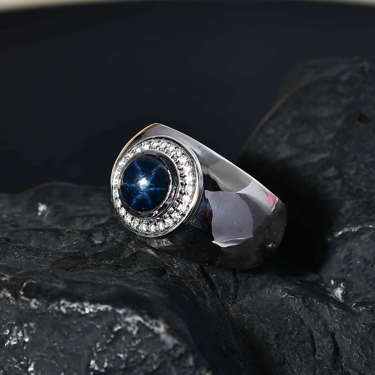 Blue Star Sapphire (DF) and Moissanite Men's Ring in Platinum Over Sterling Silver (Size 10.0) 3.40 ctw image number 1