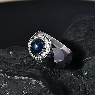 Blue Star Sapphire (DF) and Moissanite Men's Ring in Platinum Over Sterling Silver (Size 10.0) 3.40 ctw