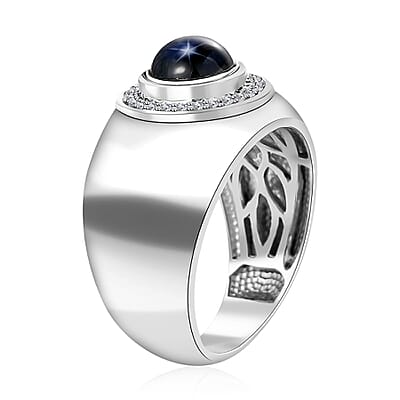 Blue Star Sapphire (DF) and Moissanite Men's Ring in Platinum Over Sterling Silver (Size 10.0) 3.40 ctw