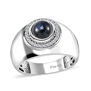 Blue Star Sapphire (DF) and Moissanite Men's Ring in Platinum Over Sterling Silver (Size 12.0) 3.40 ctw