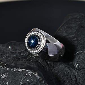 Blue Star Sapphire (DF) and Moissanite Men's Ring in Platinum Over Sterling Silver (Size 12.0) 3.40 ctw