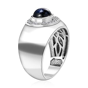 Blue Star Sapphire (DF) and Moissanite Men's Ring in Platinum Over Sterling Silver (Size 12.0) 3.40 ctw