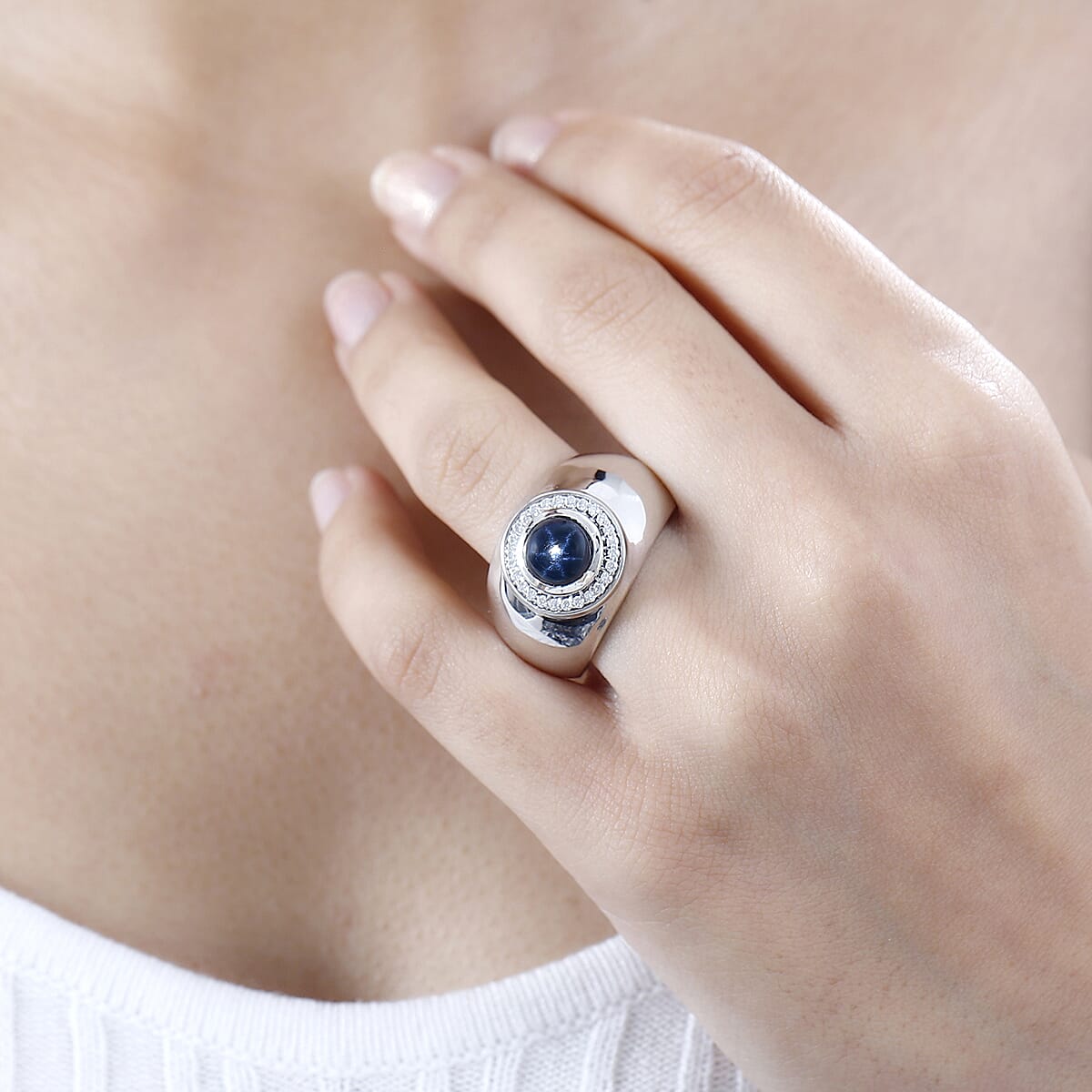 Blue Star Sapphire (DF) and Moissanite Men's Ring in Platinum Over Sterling Silver (Size 14.0) 3.40 ctw image number 2