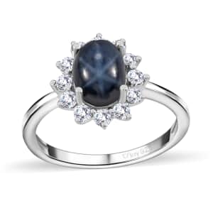 Blue Star Sapphire (DF) and Moissanite Halo Ring in Platinum Over Sterling Silver (Size 10.0) 2.60 ctw