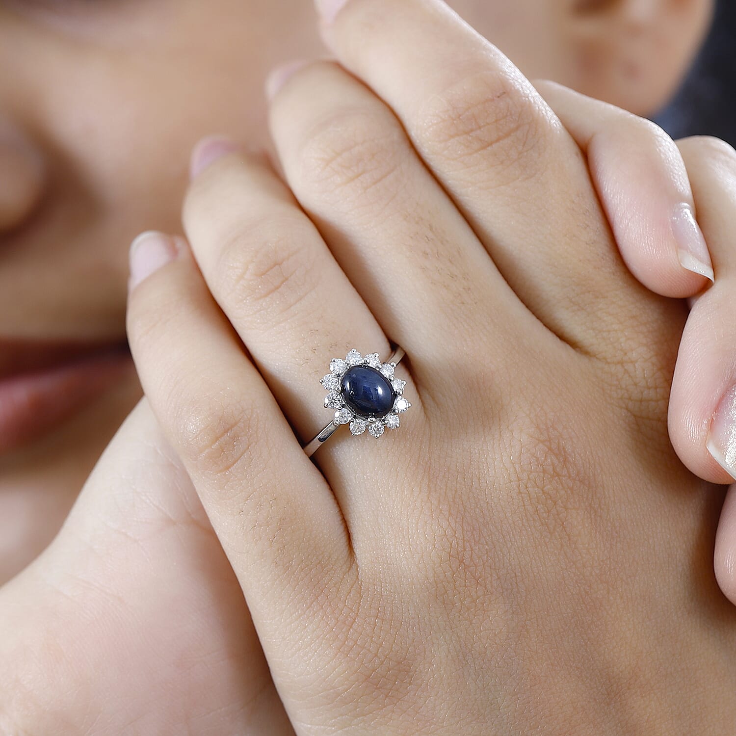 Blue Star Sapphire (DF) and Moissanite Halo Ring in Platinum Over Sterling Silver (Size 10.0) 2.60 ctw