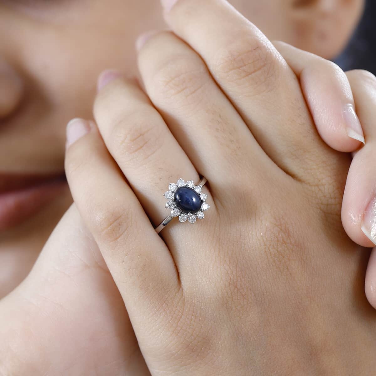 Blue Star Sapphire (DF) and Moissanite Halo Ring in Platinum Over Sterling Silver (Size 10.0) 2.60 ctw image number 2