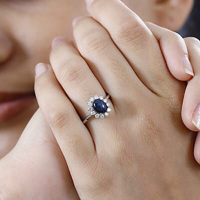 Blue Star Sapphire (DF) and Moissanite Halo Ring in Platinum Over Sterling Silver (Size 10.0) 2.60 ctw